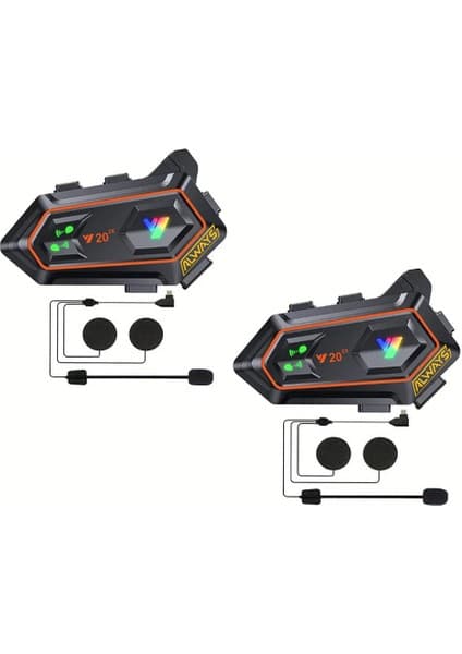 Always Teknoloji 2 Adet Y20 2x 1000M Telsiz Mesafeli Özellikli 2 Kişi Bağlantılı Bluetooth Kask Kulaklık