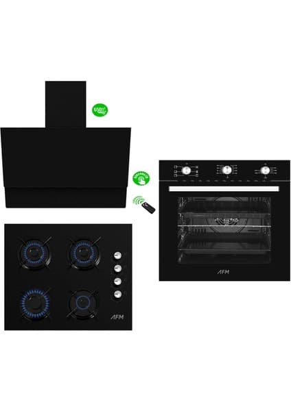 AFM Tech Black Turmalin Plus 3'lü Kumandalı Cam Ankastre Set ( FM7600B-FM2200B-FM3400B )