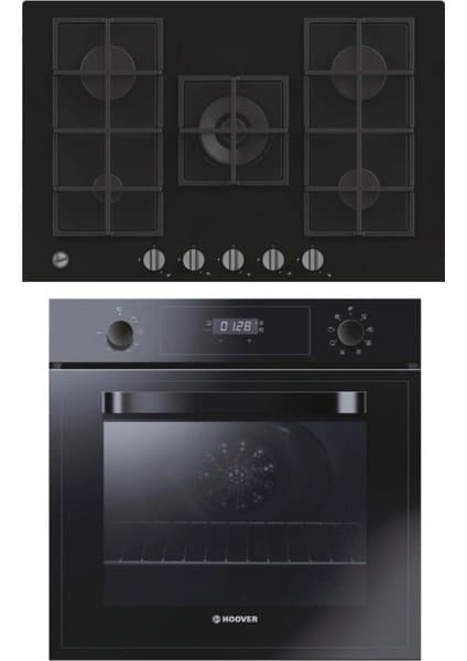 Hoover 3051B Siyah Turbolu Fırın + HVG74K3B 75 cm Siyah Ankastre Ocak- Ankastre Set