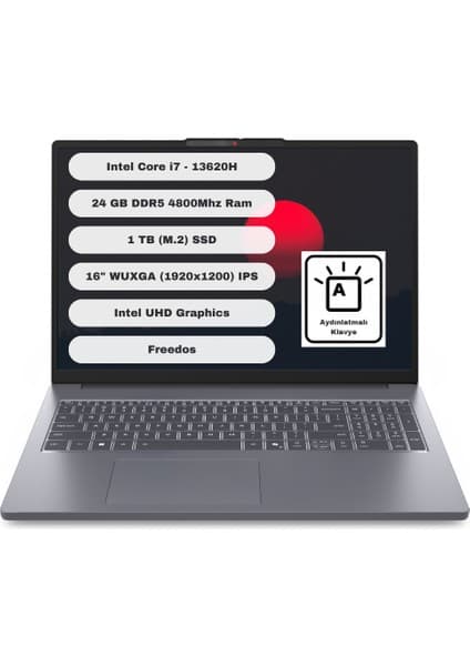 Lenovo Ideapad Slim 3 16IRH10 GTI24 Intel Core I7 13620H 24GB 1tb SSD Freedos 16'' Fhd Taşınabilir Bilgisayar 83K2001VTR