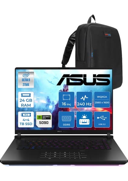 Asus Rog Strix Scar 16 G635LX-RW145 Ultra 9 275HX Aı 24GB GB 4tb Ssd+4tb SSD 24GB/RTX5090 Gddr7 175W 16\
