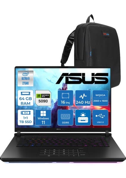 Asus Rog Strix Scar 16 G635LX-RW145 Ultra 9 275HX Aı 64GB GB 1tb Ssd+1tbssd 24GB/RTX5090 Gddr7 175W 16\
