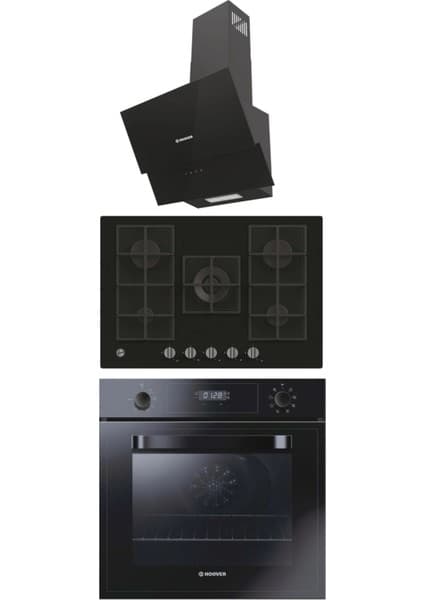 Hoover 3051B Siyah Fırın + HVG74K3B 75 cm Ankastre Ocak + HDG6C1GBTK Davlumbaz Siyah Ankastre Set