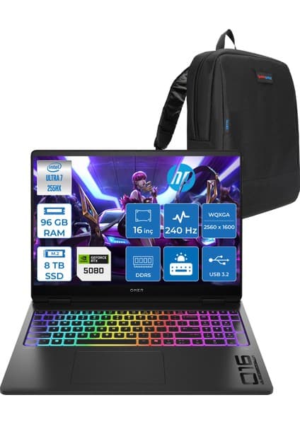 Hp Omen Max 16-AH0010NT Intel Core Ultra 9 275HX 96GB Ddr5 4tb SSD + 4tb SSD 16GB Nvıdıa RTX5080 16 Inç 2k Wqxga 240Hz 3ms IPS Freedos Siyah OB92QREAF24 + Zetta Çanta