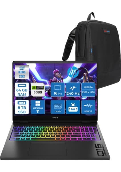 Hp Omen Max 16-AH0010NT Intel Core Ultra 9 275HX 64GB Ddr5 4tb SSD + 4tb SSD 16GB Nvıdıa RTX5080 16 Inç 2k Wqxga 240Hz 3ms IPS Windows 11 Pro Siyah OB92QREAP16 + Zetta Çanta
