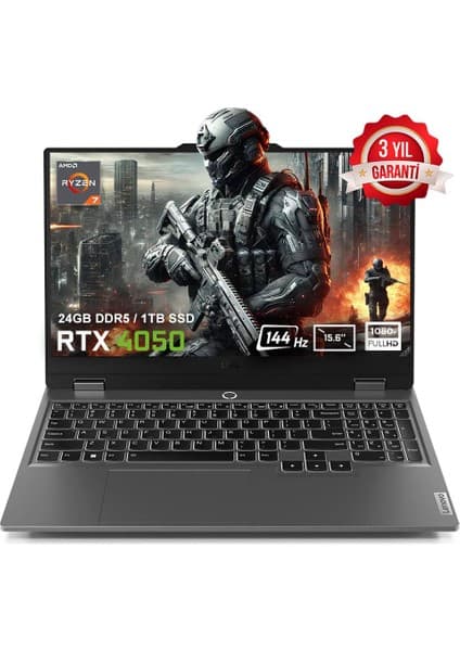 Lenovo LOQ 15ARP9 83JC00FHTRv2 AMD Ryzen 7-7435HS 24GB DDR5 1TB SSD RTX4050 6GB 15.6 inç 144Hz Full HD FreeDos Gaming Laptop