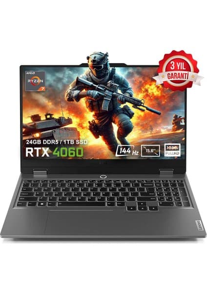 Lenovo LOQ 15ARP9 83JC00FKTRv1 AMD Ryzen 7-7435HS 24GB DDR5 1TB SSD RTX4060 8GB 15.6 inç 144Hz Full HD FreeDos Gaming Laptop