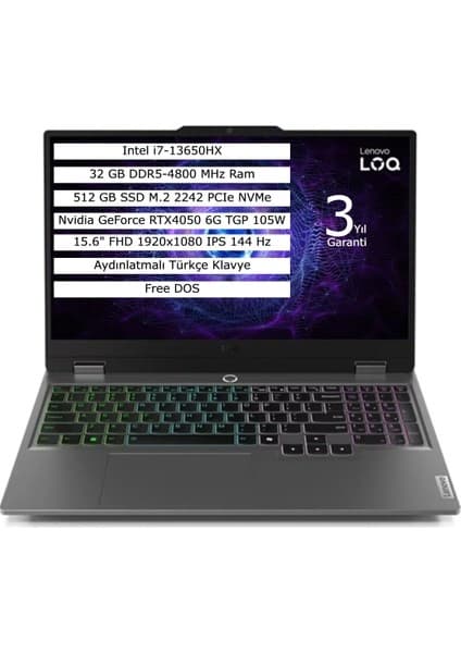 Lenovo Loq 15IRX9 Intel Core I7 13650HX 32GB 512GB SSD 6gb RTX4050 Freedos 15.6\