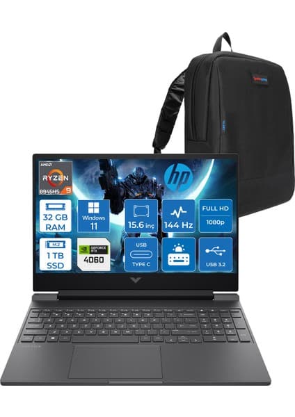 Hp Victus W15FB3006NT Ryzen 9 8945HS Aı 32GB Ddr5 1tb SSD 8GB/RTX4060 300NITS 15.6\