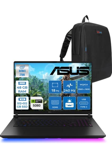 Asus Rog Strix Scar 18 G835LW-SA129 Intel Core Ultra 9 275HX Aı 48GB GB 512GB SSD+512GB SSD  16GB/RTX5080 Gddr7 175W 18\