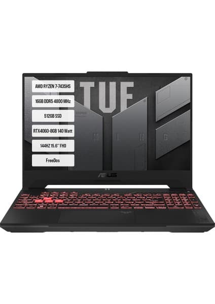 ASUS TUF Gaming A15 FA507NVR-LP099-Gaming AMD Ryzen 7-7435HS 16GB DDR5 512GB SSD RTX 4060 8GB 15.6 inç 144Hz Full HD Freedos Gaming Taşınabilir Bilgisayar