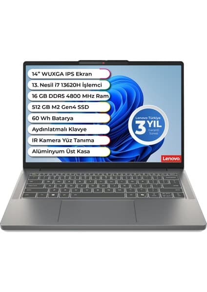 Lenovo Ideapad Slim 3 14IRH10 Intel I7 13620H Ddr5 16 GB 512 GB Freedos 14 Inç Aydınlatmalı Klavye 83K0002ATR Taşınabilir Bilgisayar
