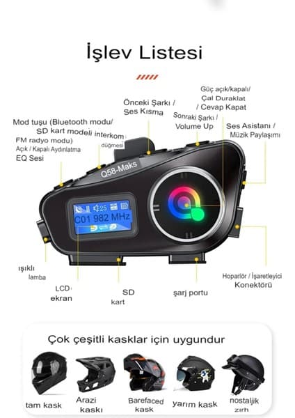 Skygo Q58-MAX Radyolu 2 Kişi Bağlantılı Bluetooth Kask Kulaklık (Ekranlı, Fenerli, Telsiz Intercom)