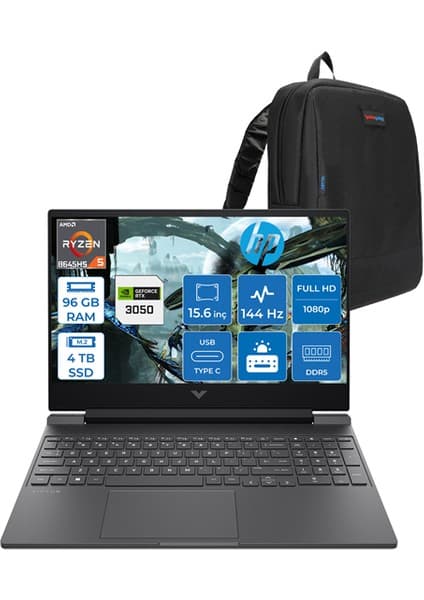 Hp Victus Amd Ryzen 5 8645HS 96GB Ddr5 4tb SSD 6GB/RTX3050/75W 15.6inç Fhd 144Hz IPS Freedos Gaming Bilgisayar 15FB3705F28 + Zettaçanta
