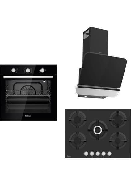 Tecna Siyah Ankastre Set (8471 5 Gözlü Döküm Izgara 70 cm Ankastre OCAK-8126 6 Fonksiyon Fırın-Tecna 8871 60 cm Duvar Tipi Davlumbaz)