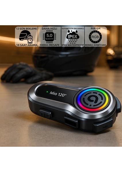 Mioji Mio 120 2x Rgb 1000MAH Ipx6 1500M 2 Kişilik Kask Intercom Motosiklet Bluetooth Kulaklık - Siyah
