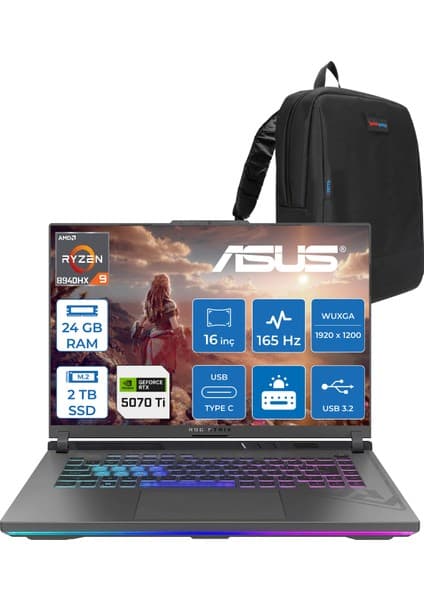 Asus Rog Strix G16 G614PR-RV050 Amd Ryzen 9 8940HX Aı 24 GB GB 2tb SSD 12 GB/RTX5070Tİ Gddr7 140W 16\