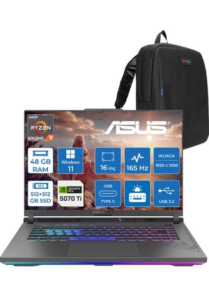 Asus Rog Strix G16 G614PR-RV050 Amd Ryzen 9 8940HX Aı 48 GB GB 512 GB SSD+512 GB SSD  12 GB/RTX5070Tİ Gddr7 140W 16\