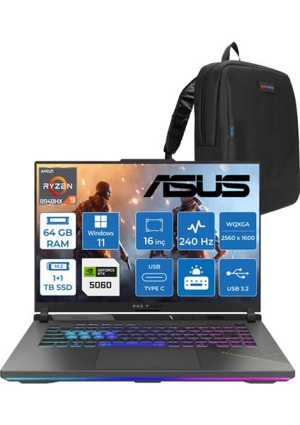 Asus Rog Strix G16 G614PM-S5062 Amd Ryzen 9 8940HX Aı 64GB GB 1tb Ssd+1tbssd 8GB/RTX5060 Gddr7 115W 16\