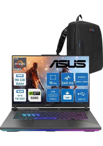 Asus Rog Strix G16 G614PM-S5062 Amd Ryzen 9 8940HX Aı 96GB GB 4tb SSD +4tb SSD 8GB/RTX5060 Gddr7 115W 16\