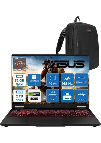 Asus Tuf Gaming A16 FA608PM-RV026 Amd Ryzen 9 8940HX Aı 32GB Ddr5 2tb SSD RTX5060-8GB 115W 165Hz 16\