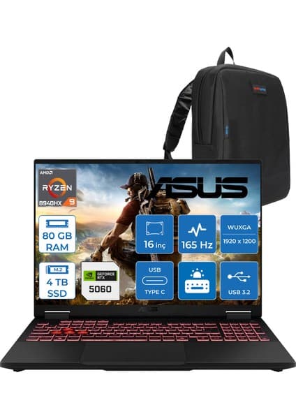 Asus Tuf Gaming A16 FA608PM-RV026 Amd Ryzen 9 8940HX Aı 80GB Ddr5 4tb SSD RTX5060-8GB 115W 165Hz 16\