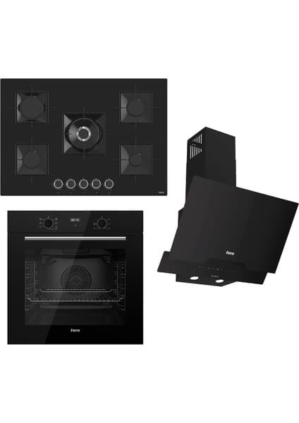 Ferre Flowart-Sılentart Serisi Siyah Set (SS035 + QBL63CS +D063-SA ) - Emaye Izgara-75 cm Ocak