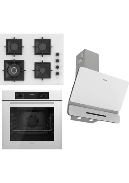 Ferre Flowart-Sılentart Serisi Beyaz Set (SC406-WFA + QBL63CB +D081-SA) - Döküm Izgara / 65 cm Ocak
