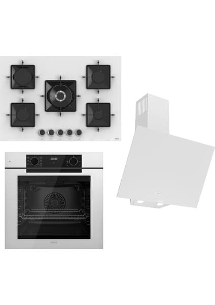 Ferre Steamart-Fryart-Sılentart Serisi Beyaz Set (SS036 + QEP63CB +D078-SA) - Emaye Izgara - 75 cm Ocak