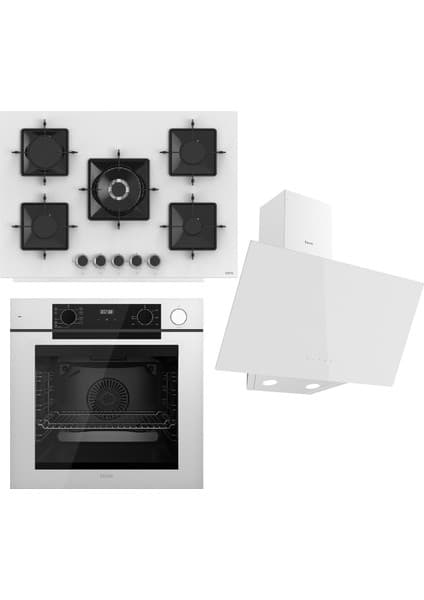 Ferre Steamart-Fryart Serisi Beyaz Set (SS036 + QEP64CB +D078) - Emaye Izgara - 75 cm Ocak