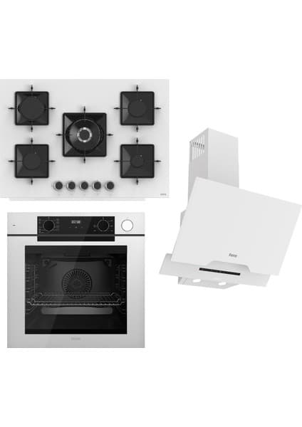 Ferre Steamart-Fryart-Sılentart Serisi Beyaz Set (SS036 + QEP64CB +D064-SA) - Emaye Izgara - 75 cm Ocak