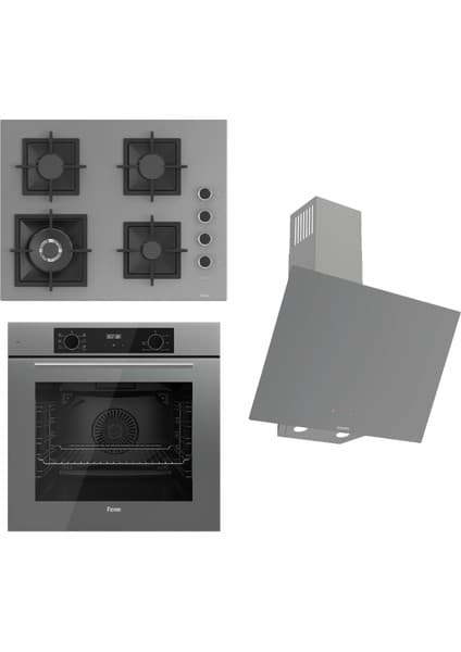 Ferre Flowart-Sılentart Serisi Gri Set (SC408-WFA + QBL63CPR +D079-SA) - Döküm Izgara / 65 cm Ocak