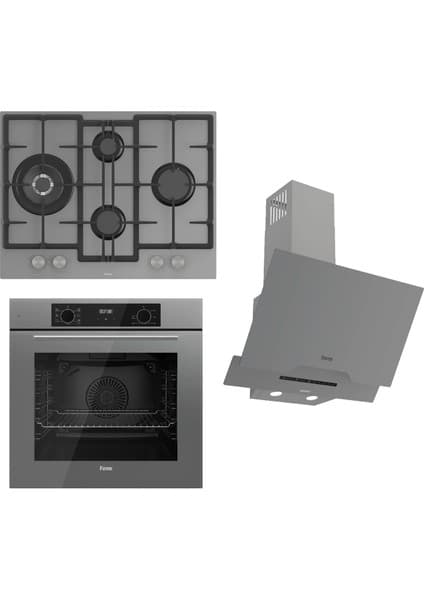 Ferre Flowart-Sılentart Serisi Gri Set (ED078 + QBL63CPR +D065-SA) - Döküm Izgara / 67 cm Ocak