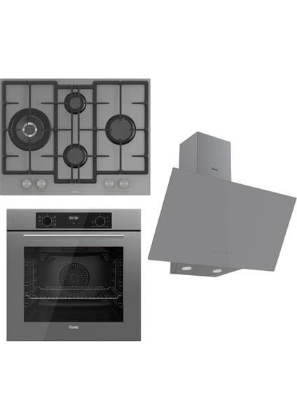 Ferre Flowart Serisi Gri Set (ED078 + QBL63CPR +D079) - Döküm Izgara / 67 cm Ocak