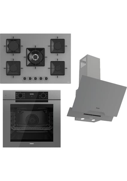 Ferre Fryart-Sılentart Serisi Gri Set (SS038 + QEP63CPR +D065-SA) - Emaye Izgara / 75 cm Ocak