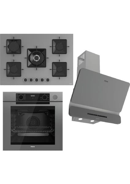 Ferre Steamart-Fryart-Sılentart Serisi Gri Set (SS038 + QEP64CPR +D082-SA) - Emaye Izgara / 75 cm Ocak