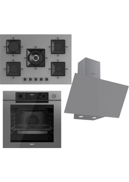Ferre Steamart-Fryart Serisi Gri Set (SS038 + QEP64CPR +D079) - Döküm Izgara / 75 cm Ocak