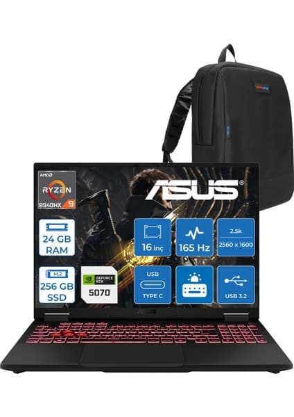 Asus Tuf Gaming A16 FA608PP Amd Ryzen 9 8940HX Aı 24GB Ddr5 256GB SSD 8GB/RTX5070 115W 165Hz 16\