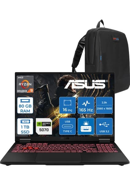 Asus Tuf Gaming A16 FA608PP Amd Ryzen 9 8940HX Aı 80GB Ddr5 1tb SSD 8GB/RTX5070 115W 165Hz 16\