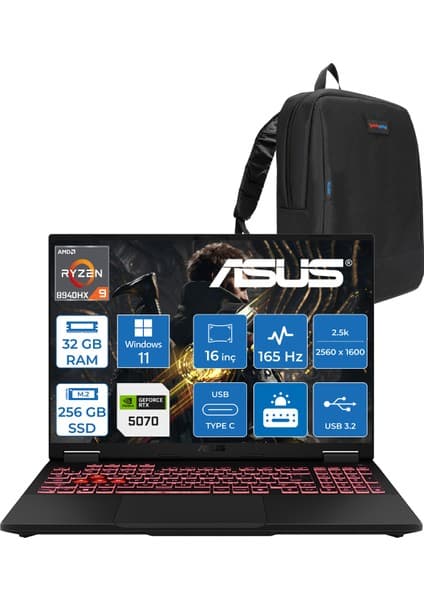 Asus Tuf Gaming A16 FA608PP Amd Ryzen 9 8940HX Aı 32GB Ddr5 256GB SSD 8GB/RTX5070 115W 165Hz 16\