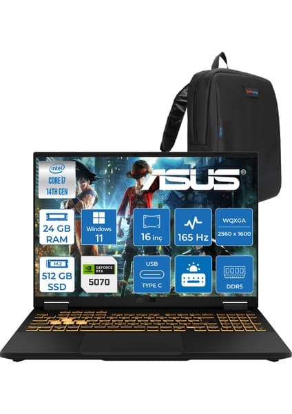 Asus Tuf Gaming F16 FX608JPR 14. Nesil Intel I7-14650HX 24GB Ddr5 512GB SSD 8GB/RTX5070 115W 165Hz 16\