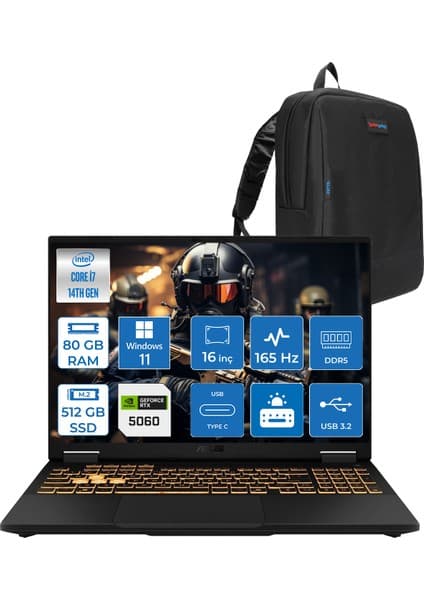 Asus Tuf Gaming F16 FX608JMR 14. Nesil Intel I7-14650HX 80GB Ddr5 512GB SSD 8GB/RTX5060 115W 165Hz 16\