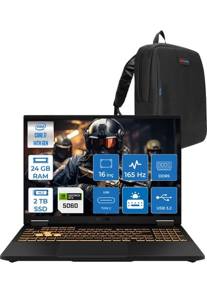 Asus Tuf Gaming F16 FX608JMR 14. Nesil Intel I7-14650HX 24GB Ddr5 2tb SSD 8GB/RTX5060 115W 165Hz 16\