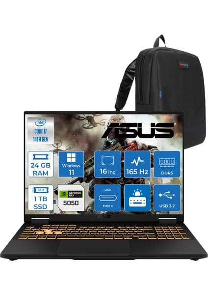 Asus Tuf Gaming F16 FX608JHR 14. Nesil Intel I7-14650HX 24GB Ddr5 1tb SSD 8GB/RTX5050 115W 165Hz 16\