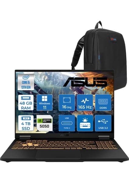 Asus Tuf Gaming F16 FX608JH 13.nesil Intel İ5-13450HX 48GB Ddr5 4tb SSD 8GB/RTX5050 115W 165Hz 16\