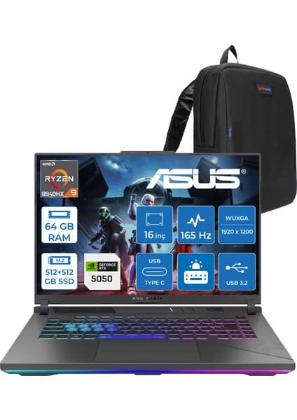 Asus Rog Strix G16 G614PH Amd Ryzen 9 8940HX Aı 64GB GB 512GB SSD+512GB SSD 8GB/RTX5050 Gddr7 115W 16\