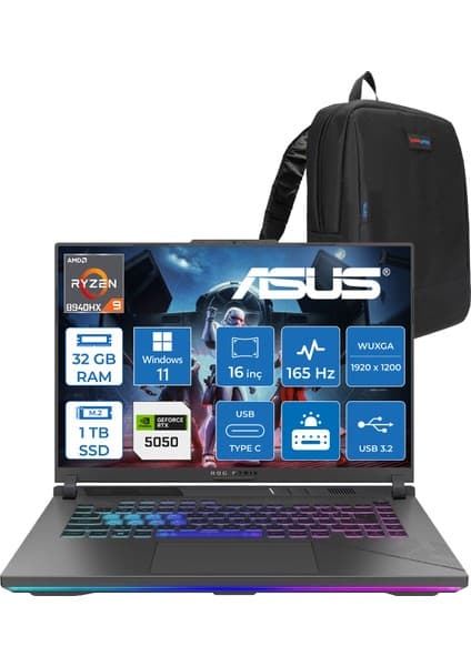 Asus Rog Strix G16 G614PH Amd Ryzen 9 8940HX Aı 32GB GB 1tb SSD 8GB/RTX5050 Gddr7 115W 16\