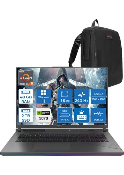 Asus Rog Strix G18 G814PP Amd Ryzen 9 8940HX Aı 48GB 2tb SSD 8GB/RTX5070 Gddr7 115W 18\