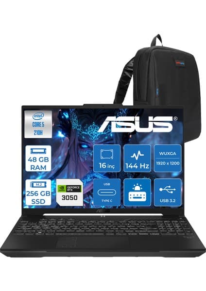 Asus Tuf Gaming F16 FX607VJ Intel Core 5-210H 48GB 256GB SSD RTX3050 6gb 16 Inç Wuxga 144Hz IPS Freedos Gaming Notebook RL033F26 + Zetta Çanta
