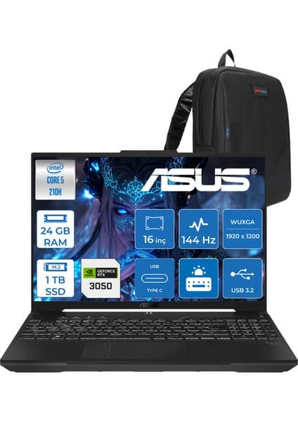 Asus Tuf Gaming F16 FX607VJ Intel Core 5-210H 24GB 1tb SSD RTX3050 6gb 16 Inç Wuxga 144Hz IPS Freedos Gaming Notebook RL033F13 + Zetta Çanta